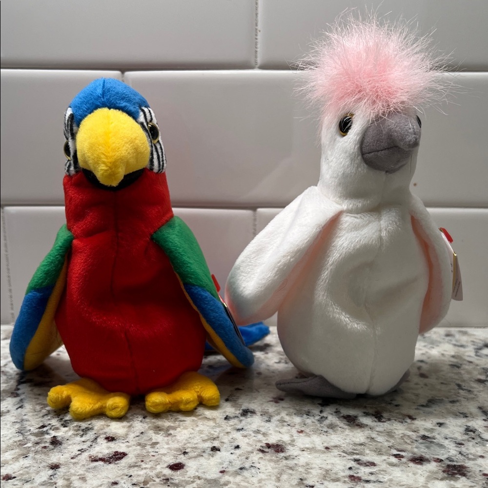 Beanie Baby by Ty Colorful Parrot (Jabber) and White Cockatoo (Kuku)
